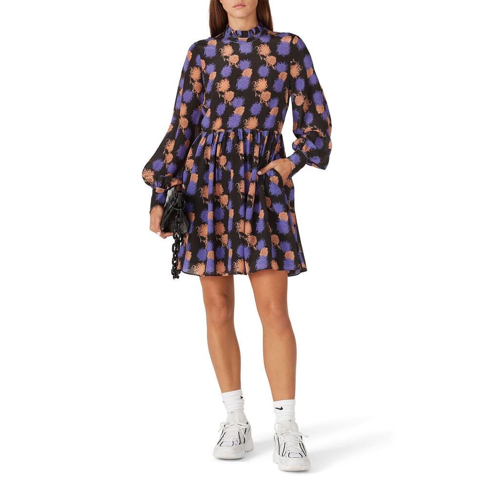 Hofmann Copenhagen Black Purple Printed 100% Silk Long Sleeve Mini Dress Size S